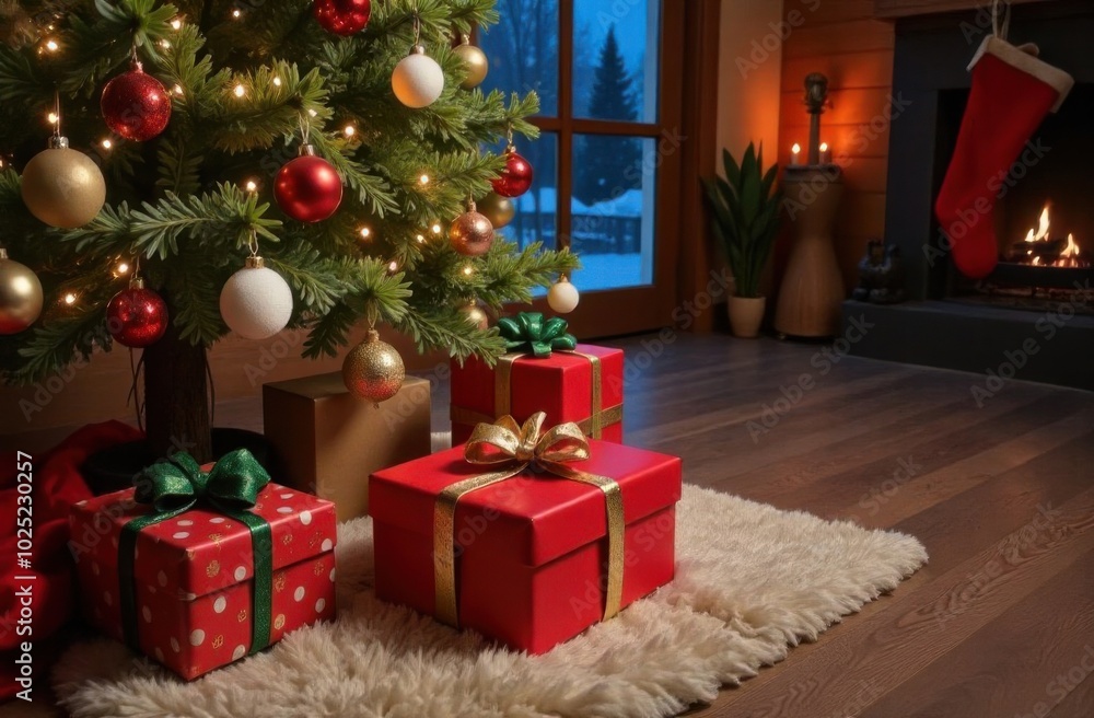 Christmas tree with red and gold baubles surrounded by presents in a warm interior with a fireplace Christmas tree with red and gold baubles surrounded by presents in a warm interior with a fireplace