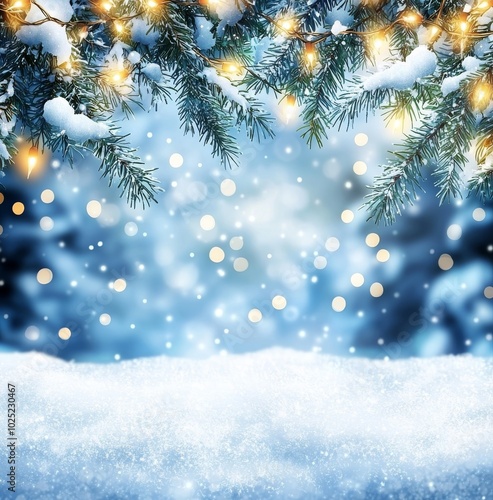 A blue snowy winter landscape with a Christmas tree light