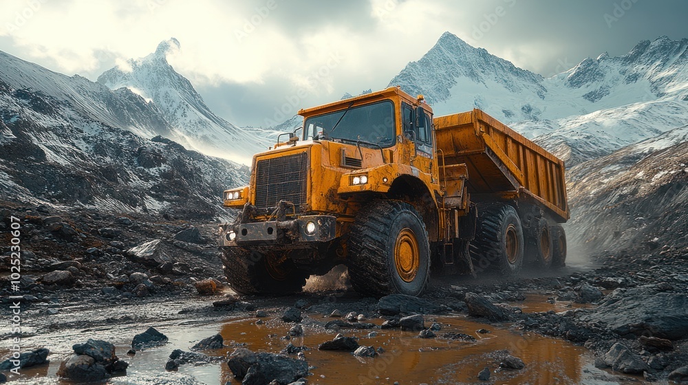 A yellow dump truck drives through a muddy, rocky landscape with snow-capped mountains in the background. A yellow dump truck drives through a muddy, rocky landscape with snow-capped mountains in the background.