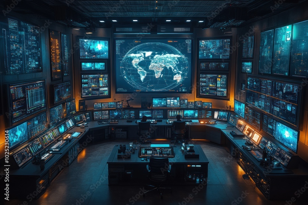 A large control room with multiple computer monitors, featuring a large screen displaying a world map, with two people working at their desks. A large control room with multiple computer monitors, featuring a large screen displaying a world map, with two people working at their desks.