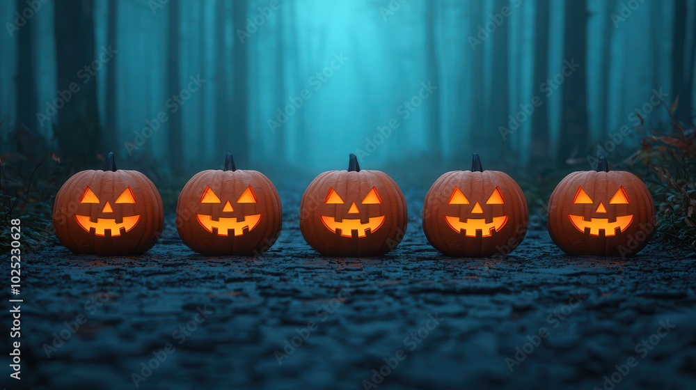 Fototapeta premium Five glowing jack-o'-lanterns line a misty forest path, creating a spooky Halloween atmosphere with their carved faces.