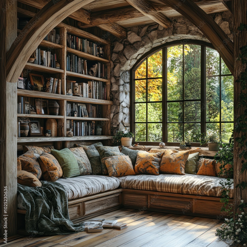 Cozy reading nook with a window overlooking a forest. Cozy reading nook with a window overlooking a forest.