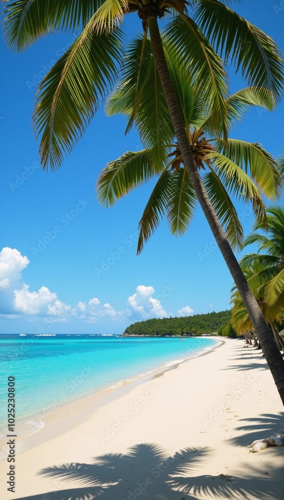 Fototapeta premium A tropical paradise unfolds on a summer day pristine sandy beaches turquoise waters and towering palm trees