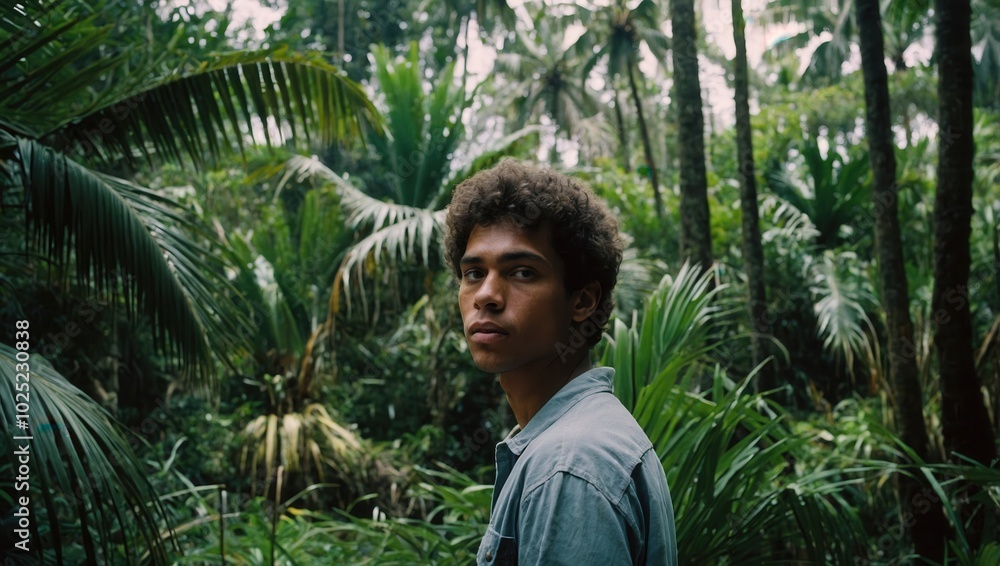 Person standing in dense tropical jungle with short hair and light-colored clothing Person standing in dense tropical jungle with short hair and light-colored clothing