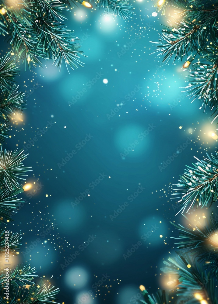 On a deep blue background, a modern Christmas frame displays silver branches of a Christmas tree. On a deep blue background, a modern Christmas frame displays silver branches of a Christmas tree.