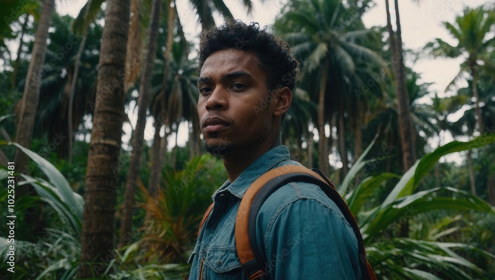 Man wearing olive green shirt with backpack in dense tropical forest environment Man wearing olive green shirt with backpack in dense tropical forest environment