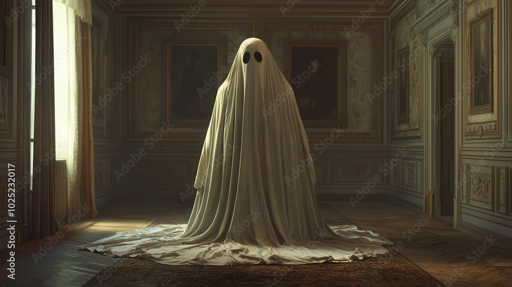 A spectral figure draped in fabric stands eerily in an ornate, dimly lit room, evoking feelings of mystery and the supernatural. A spectral figure draped in fabric stands eerily in an ornate, dimly lit room, evoking feelings of mystery and the supernatural.
