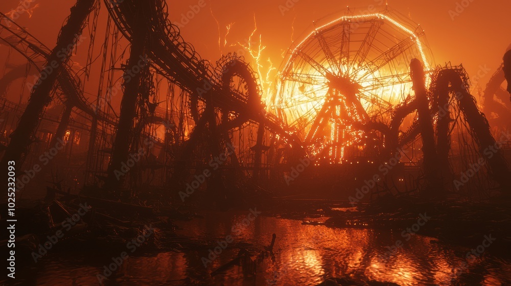 Nightmare Carnival of Horrors: A Twisted 3D Render with Sinister Clowns and Warped Rides in Eerie Orange Light Nightmare Carnival of Horrors: A Twisted 3D Render with Sinister Clowns and Warped Rides in Eerie Orange Light