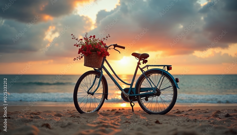 Fototapeta premium A Vintage Bicycle with a Basket Full of Red Flowers on a Sandy Beach at Sunset, Perfect for Travel and Leisure Themes