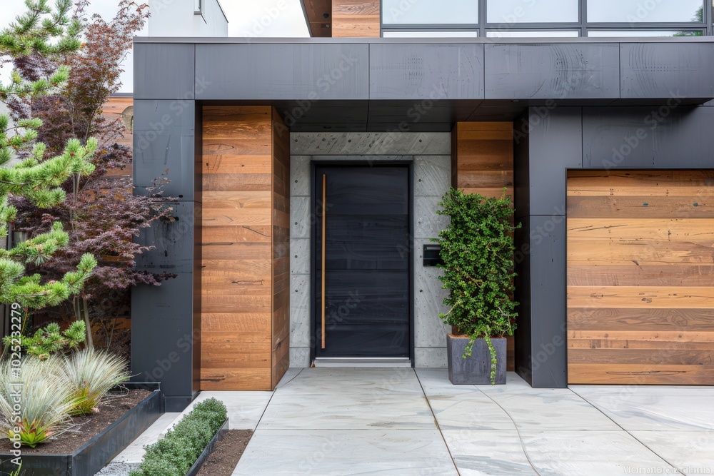 A large wooden door with a glass window sits in front of a house,generative ai image A large wooden door with a glass window sits in front of a house,generative ai image