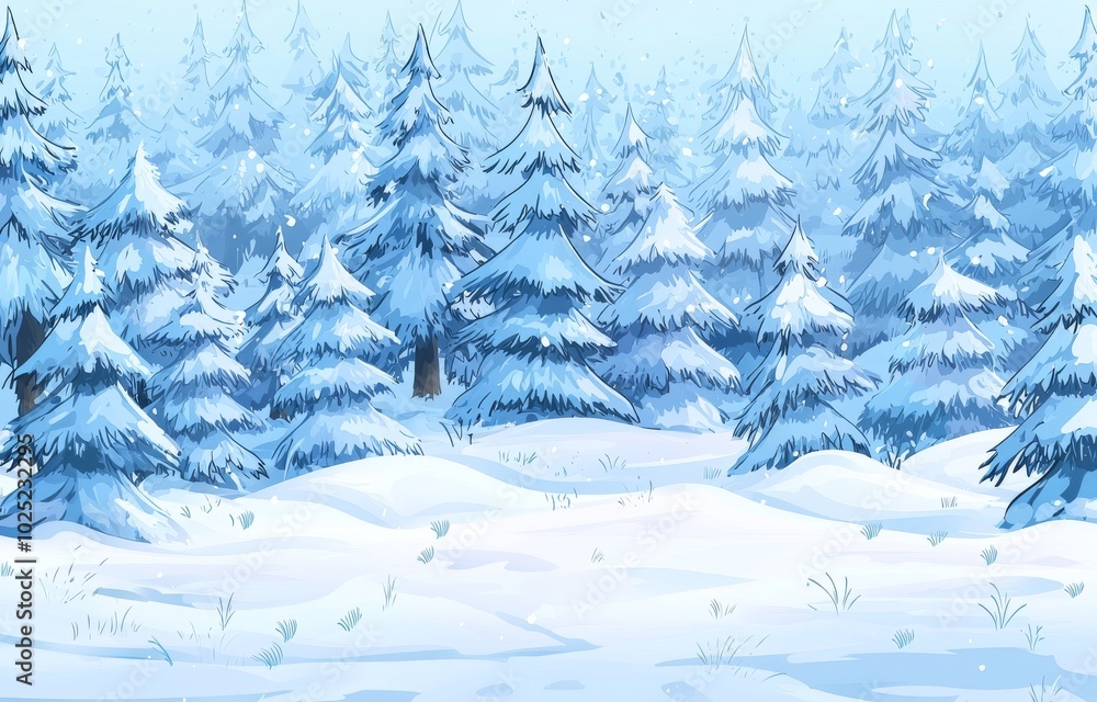 Naklejka premium Winter horizontal landscape with snow capped hills and triangle coniferous trees. Cartoon illustration.