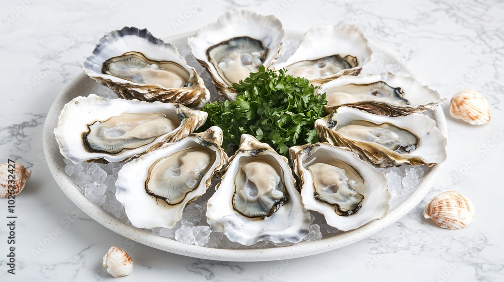 Classic oyster platter with seaweed garnish, isolated on a marble-textured background with small shell accents Classic oyster platter with seaweed garnish, isolated on a marble-textured background with small shell accents