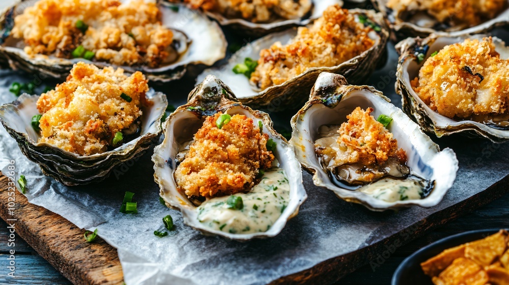 Fried oysters served with tartar sauce, isolated on a rustic wooden background with crispy garnishes Fried oysters served with tartar sauce, isolated on a rustic wooden background with crispy garnishes