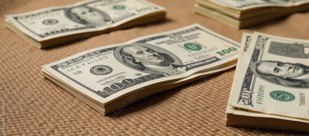 Dollar bills stacked on burlap evoking themes of bribes or bonuses Dollar bills stacked on burlap evoking themes of bribes or bonuses