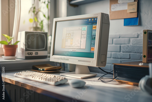 Retro computer desk with a CRT monitor and classic keyboard photo