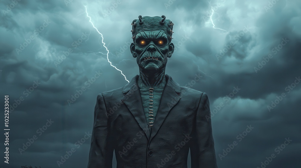 A menacing humanoid figure stands against a stormy sky with lightning, featuring a metallic face and glowing eyes, evoking a futuristic horror aesthetic. A menacing humanoid figure stands against a stormy sky with lightning, featuring a metallic face and glowing eyes, evoking a futuristic horror aesthetic.
