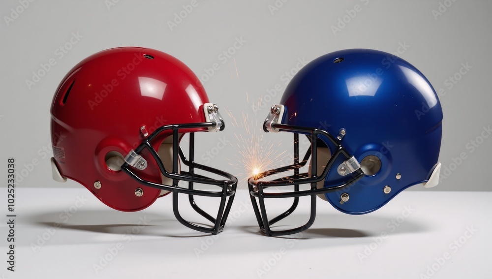 Fototapeta premium Two contrasting football helmets red blue clash mid-flight creating sparkling impacts