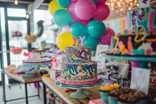 Festive 90s birthday celebration with neon lights and fun decor