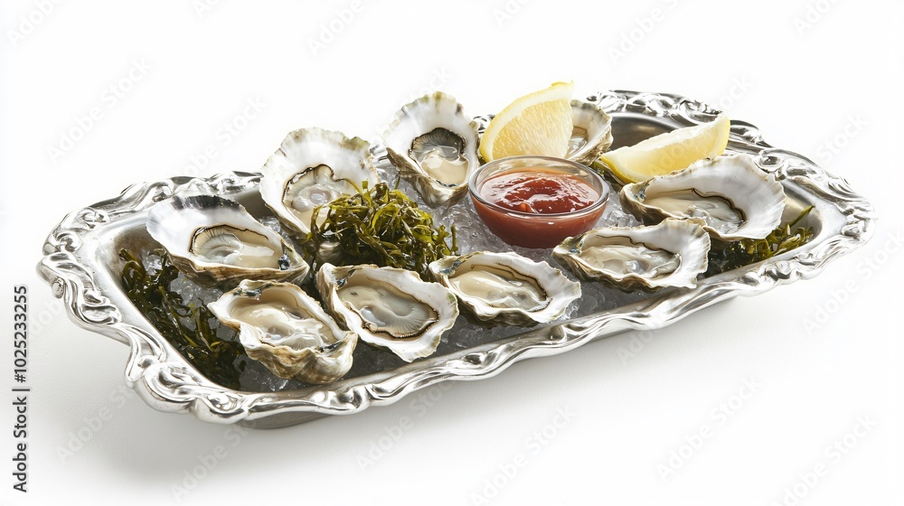 Oyster platter with cocktail sauce and lemon wedges, isolated on a silver tray with ice and seaweed accents Oyster platter with cocktail sauce and lemon wedges, isolated on a silver tray with ice and seaweed accents