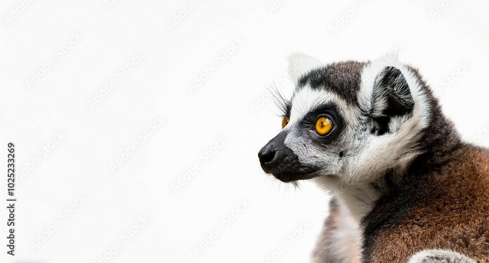 Primer plano de un lemir de ojos amarillos en un fondo blanco aislado Primer plano de un lemir de ojos amarillos en un fondo blanco aislado