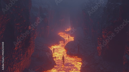 Infernal Abyss: 3D Render of Grotesque River of Fire in Craggy Canyon with Demonic Figures and Cinematic Lightning