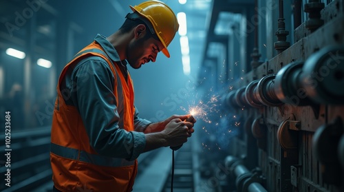 electrican working in a factory, worker with helmet, electrical worker in action photo