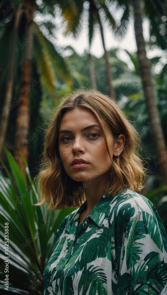 Woman in green and white patterned top posing amidst tropical greenery and palms Woman in green and white patterned top posing amidst tropical greenery and palms