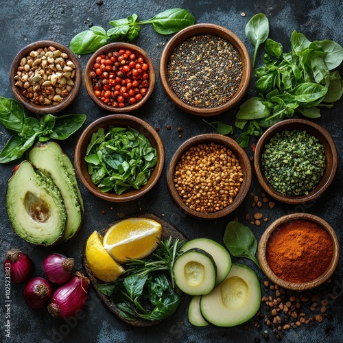 A flat lay of various ingredients, including avocado, spices, herbs, and lemon, on a dark surface.