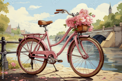 Pink Bicycle with Flowers by a River on a Sunny Day photo