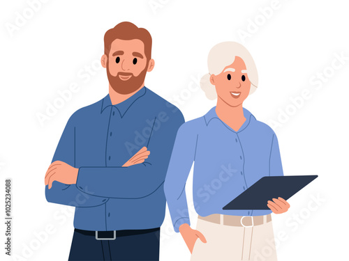 Portrait of a smiling man and woman standing side by side. Two diverse colleagues, a team of business people in office