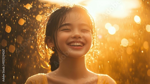 Young girl smiling rain boy single golden sunlight rave yellow spell deep shoulders beer summer mixed race woman loose hair chinese
 photo