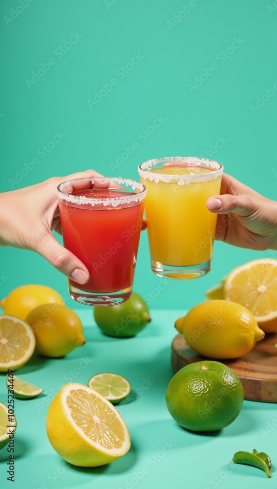 Close-up image of raised margarita glasses for Cinco de Mayo toast Close-up image of raised margarita glasses for Cinco de Mayo toast