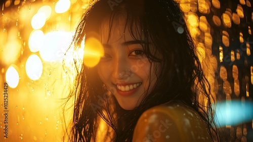 Young girl smiling rain boy single golden sunlight rave yellow spell deep shoulders beer summer mixed race woman loose hair chinese
 photo