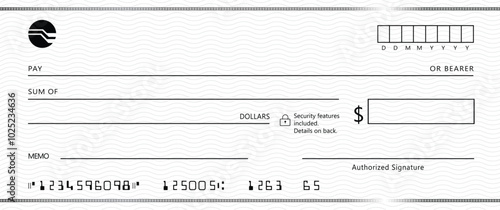 Blank bank check, checkbook cheque template with blue guilloche, vector mockup. Money payment bank check voucher or pay cash cheque certificate, account bill paycheck