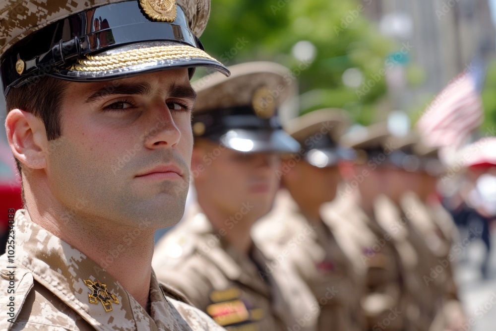 At the parade, a fully uniformed US Marine stands in the foreground At the parade, a fully uniformed US Marine stands in the foreground