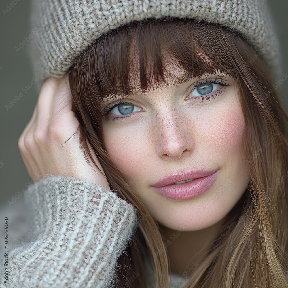 Young girl in winter or cold spring posing for a close-up outside