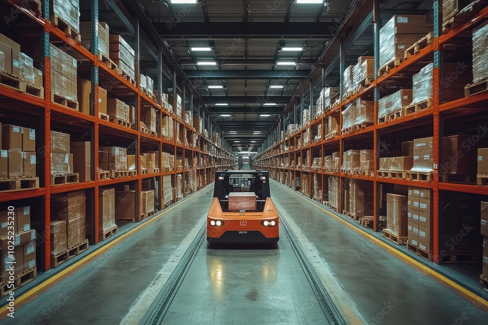 A red forklift drives down an aisle in a large warehouse with high shelves filled with boxes. A red forklift drives down an aisle in a large warehouse with high shelves filled with boxes.