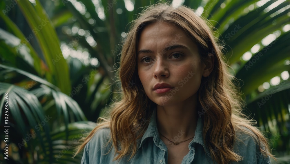 Double image of woman in tropical setting with blonde hair and denim jacket Double image of woman in tropical setting with blonde hair and denim jacket