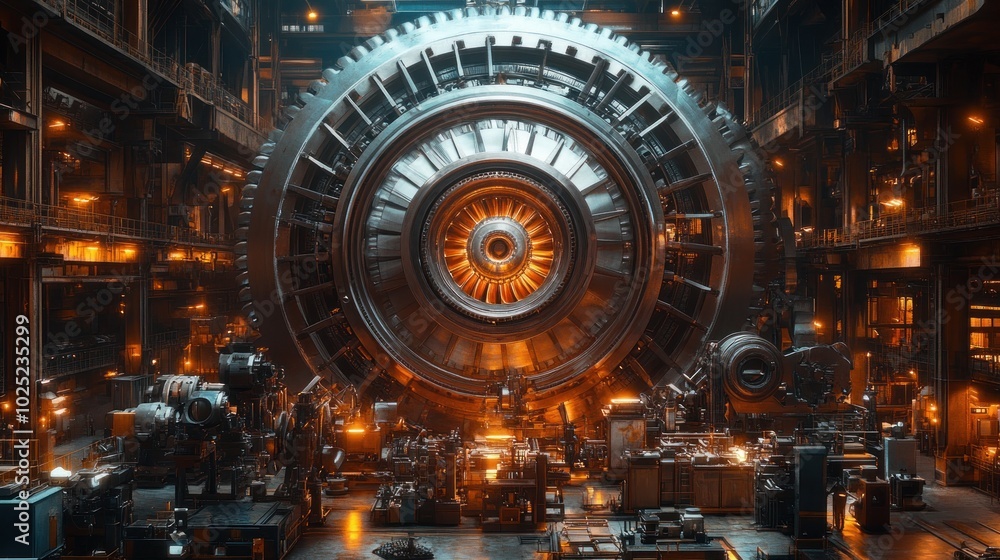 Obraz premium A large industrial turbine, surrounded by machinery, stands in a factory setting, illuminating the space with its warm glow.