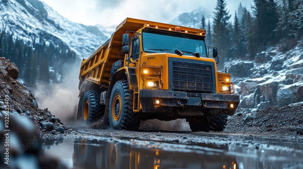 A yellow dump truck drives on a dirt road with snow-covered mountains in the background. A yellow dump truck drives on a dirt road with snow-covered mountains in the background.