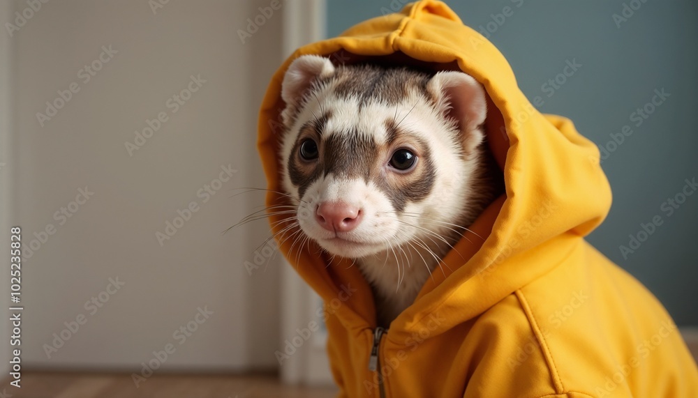 Adorable ferret wearing a yellow hoodie, playful expression, indoor setting, cute pet concept, copy space Adorable ferret wearing a yellow hoodie, playful expression, indoor setting, cute pet concept, copy space