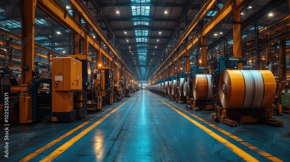 An industrial factory with large rolls of metal in the foreground, machinery in the background, and yellow lines on the floor. An industrial factory with large rolls of metal in the foreground, machinery in the background, and yellow lines on the floor.