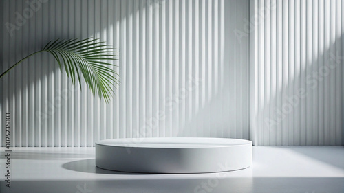 Minimal white podium display for cosmetic products, creating a clean and sophisticated presentation for beauty items.