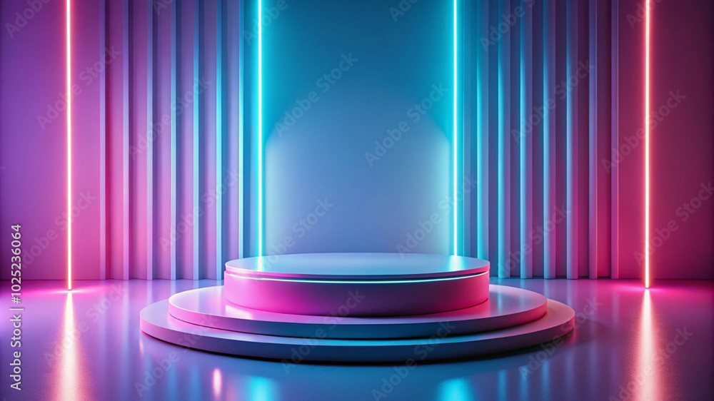 Pastel-colored pink and blue plinth with neon lights, perfect for creating a soft and elegant presentation for products.