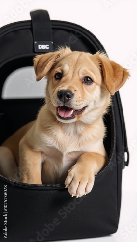 Cute puppy with curious facial expression in a carrier photo