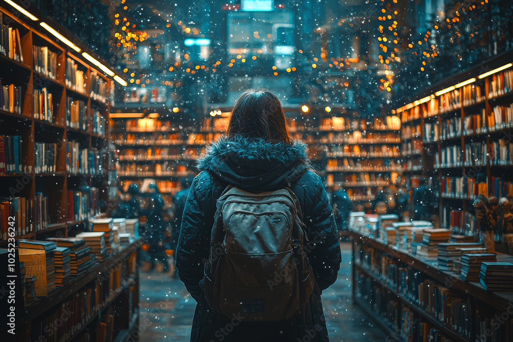 A person in a library where each book represents a different universe, symbolizing the vastness of the multiverse. Concept of knowledge. A person in a library where each book represents a different universe, symbolizing the vastness of the multiverse. Concept of knowledge.