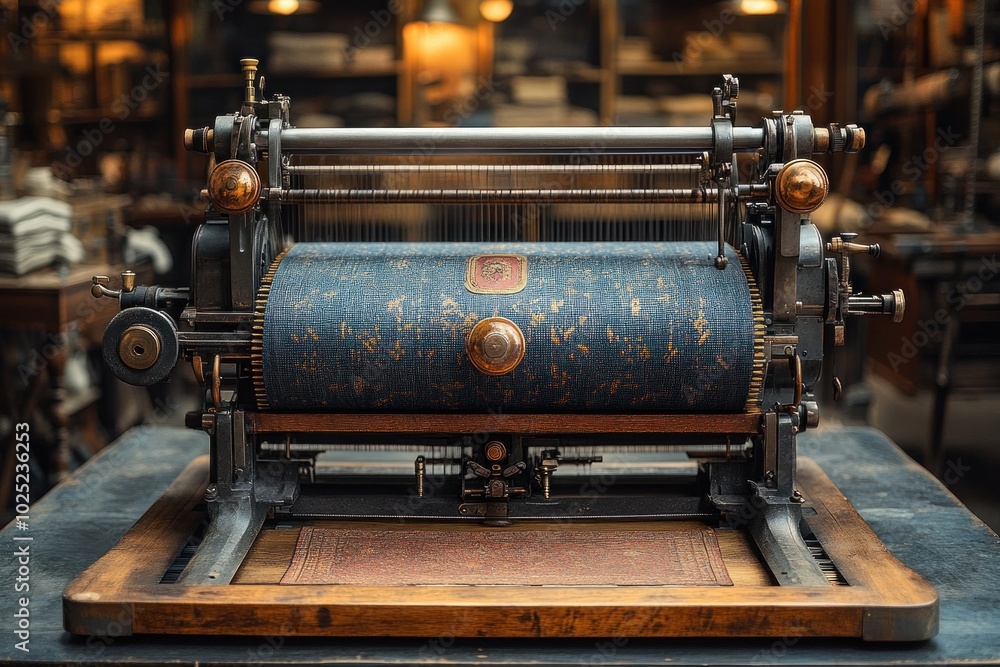 Fototapeta premium A close up of an old fashioned, industrial, textile loom with a wooden frame, metal parts, and a spool of blue fabric.