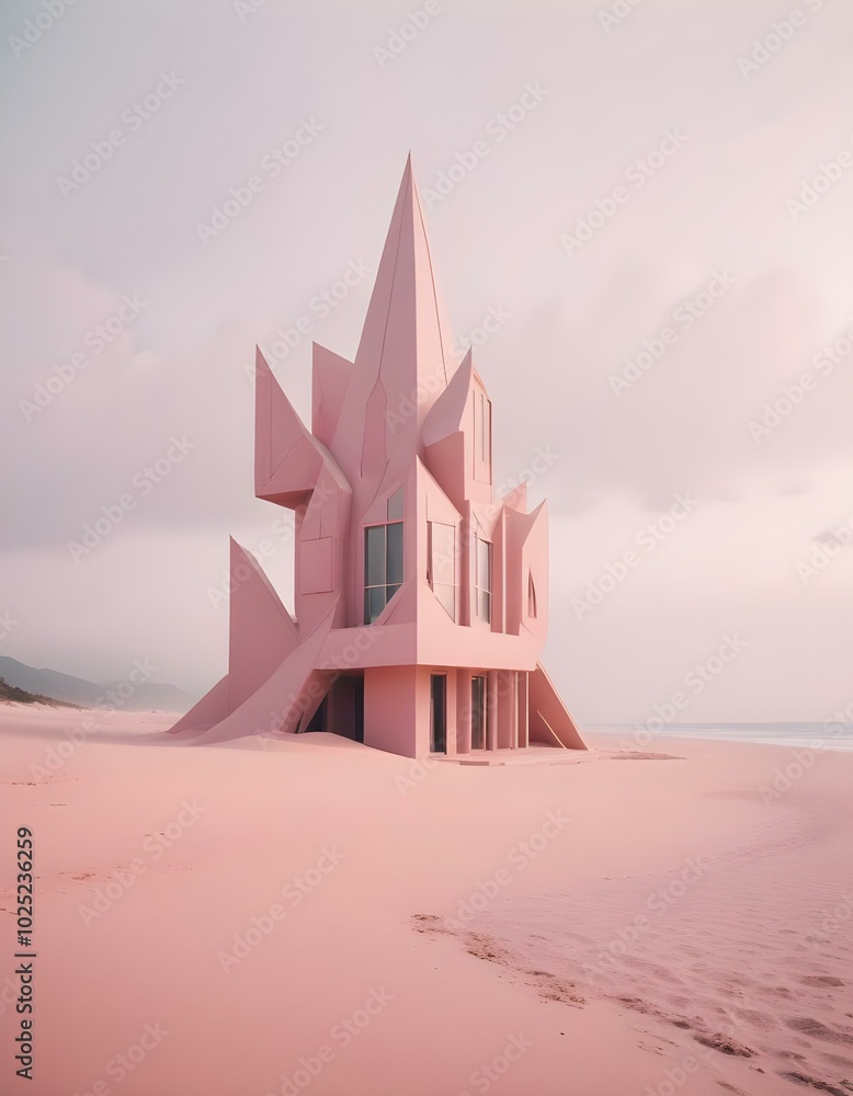 Surreal, geometric building complex nestled within a serene, wilderness beach landscape with a dreamlike ambiance, high detail, pastel, soft tones, iridescent style, bright and reflective atmosphere l Surreal, geometric building complex nestled within a serene, wilderness beach landscape with a dreamlike ambiance, high detail, pastel, soft tones, iridescent style, bright and reflective atmosphere l
