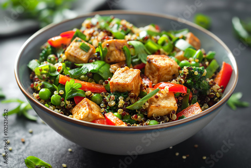 A bowl of quinoa and vegetable stir fry with tofu