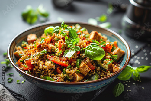 A bowl of quinoa and vegetable stir fry with tofu